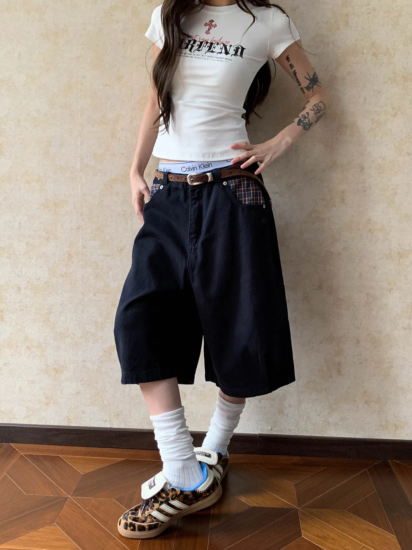 American High Street Retro Patchwork Pocket Denim Five-Point Pants Loose Straight Casual Versatile Mid-Calf Trendy Jeans