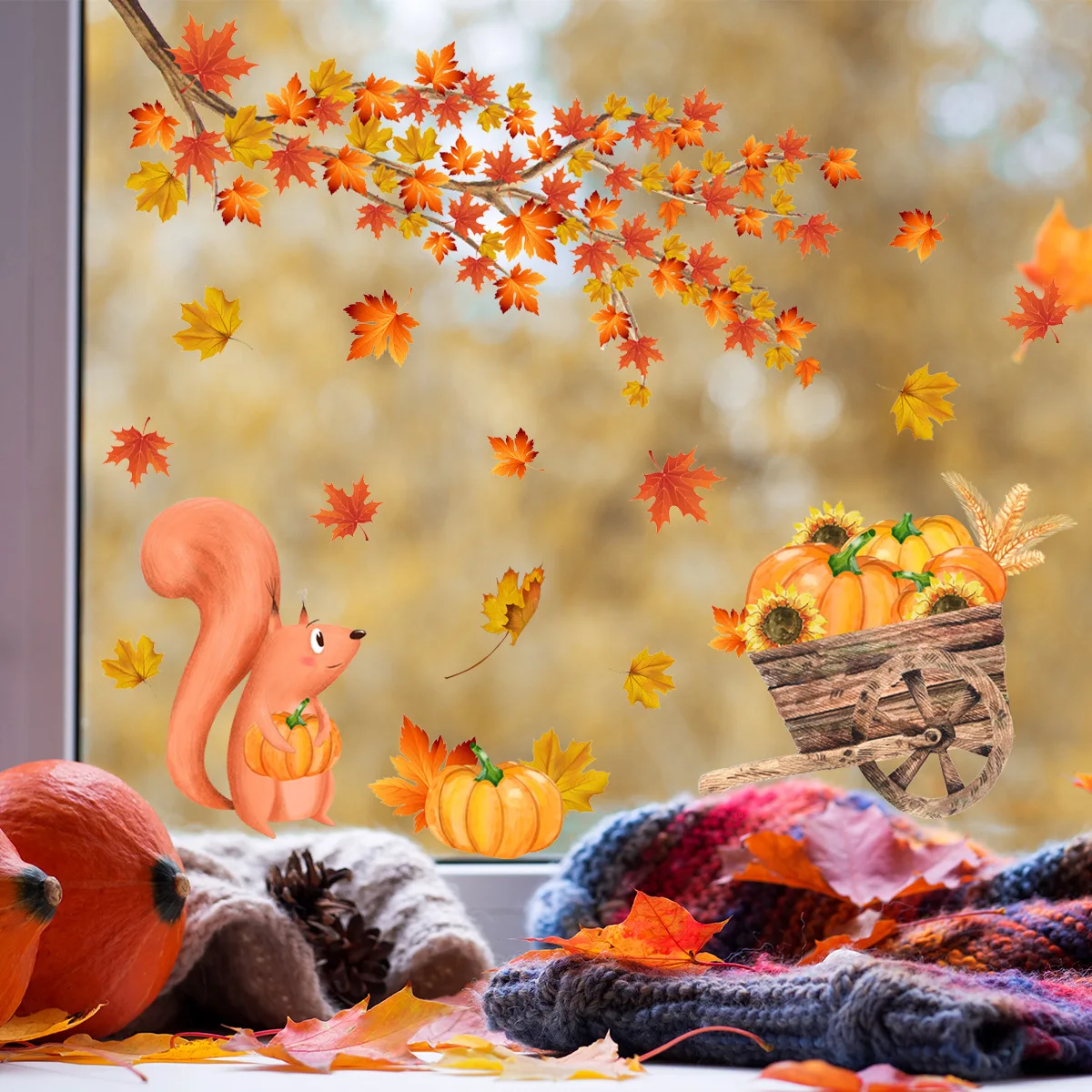 Baby Nursery Wallpaper - Goldenes Ahornblatt Fensteraufkleber Herbst Kürbis Fuchs