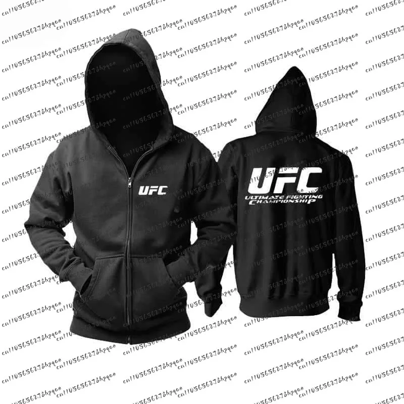

2026 UFC Boxing Gold Logo Zip-Up Hoodie Men's Black Breathable Streetwear Sports Hooded Jacket Fashion Trendy Athletic Tops