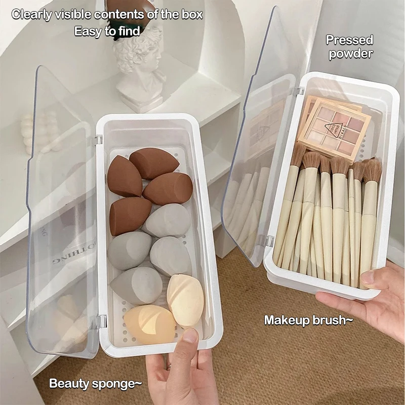 Transparent Plastic Makeup Brush Storage Box Large Capacity With Hollow Cushion Puff Storage Box Office Supplies Organizer Box