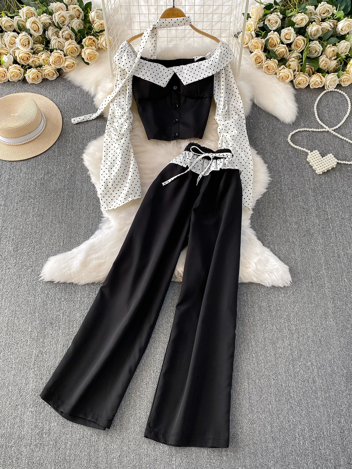 

Pine ape Высокая талия Long Sve Комплект топа в горошек с дизайном на одно плечо и длинными брюками в складку