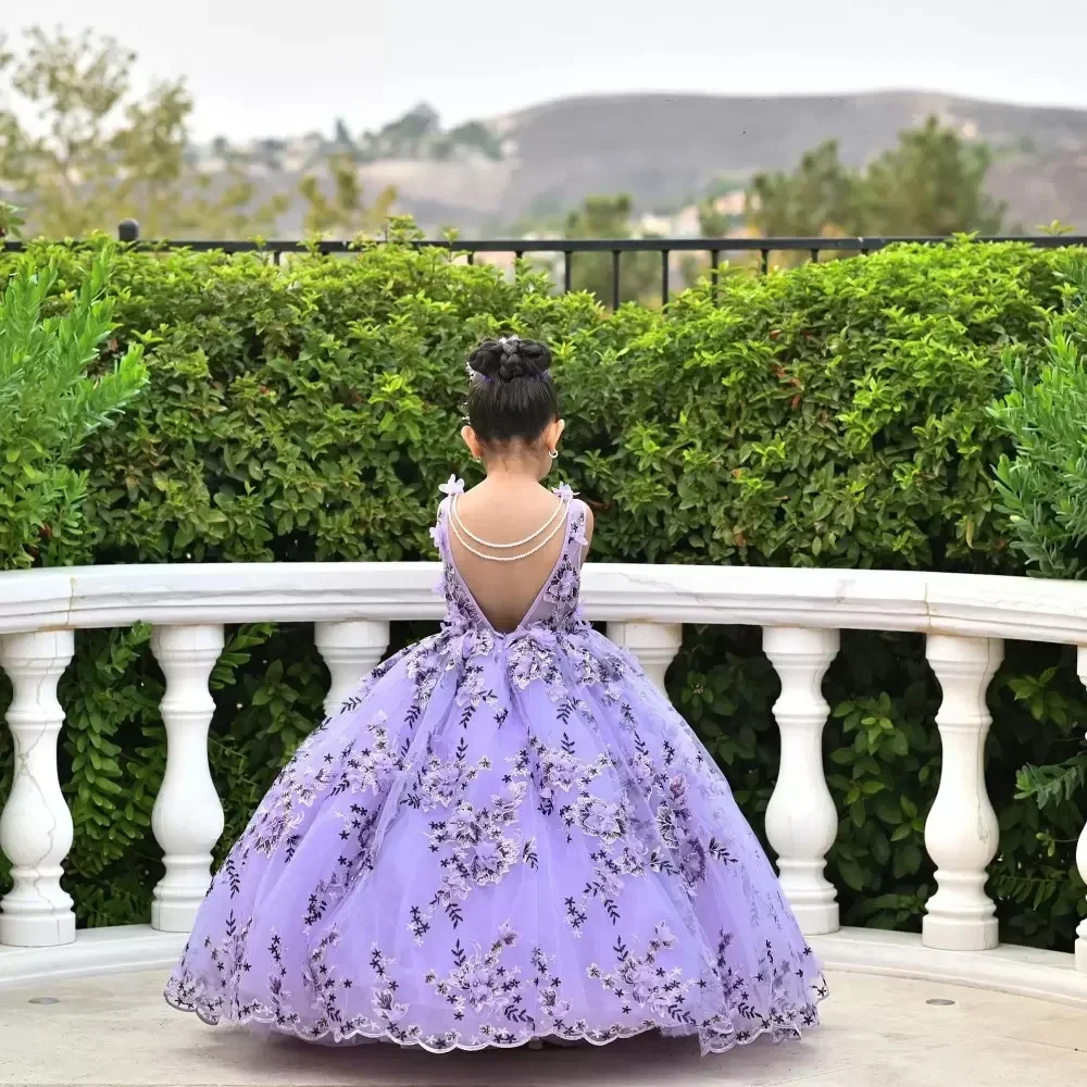 

Lilac Flower Girl Dresses for Wedding Floral Appliques Backless Floor Length Girl Kids Birthday Party First Holy Communion Gowns