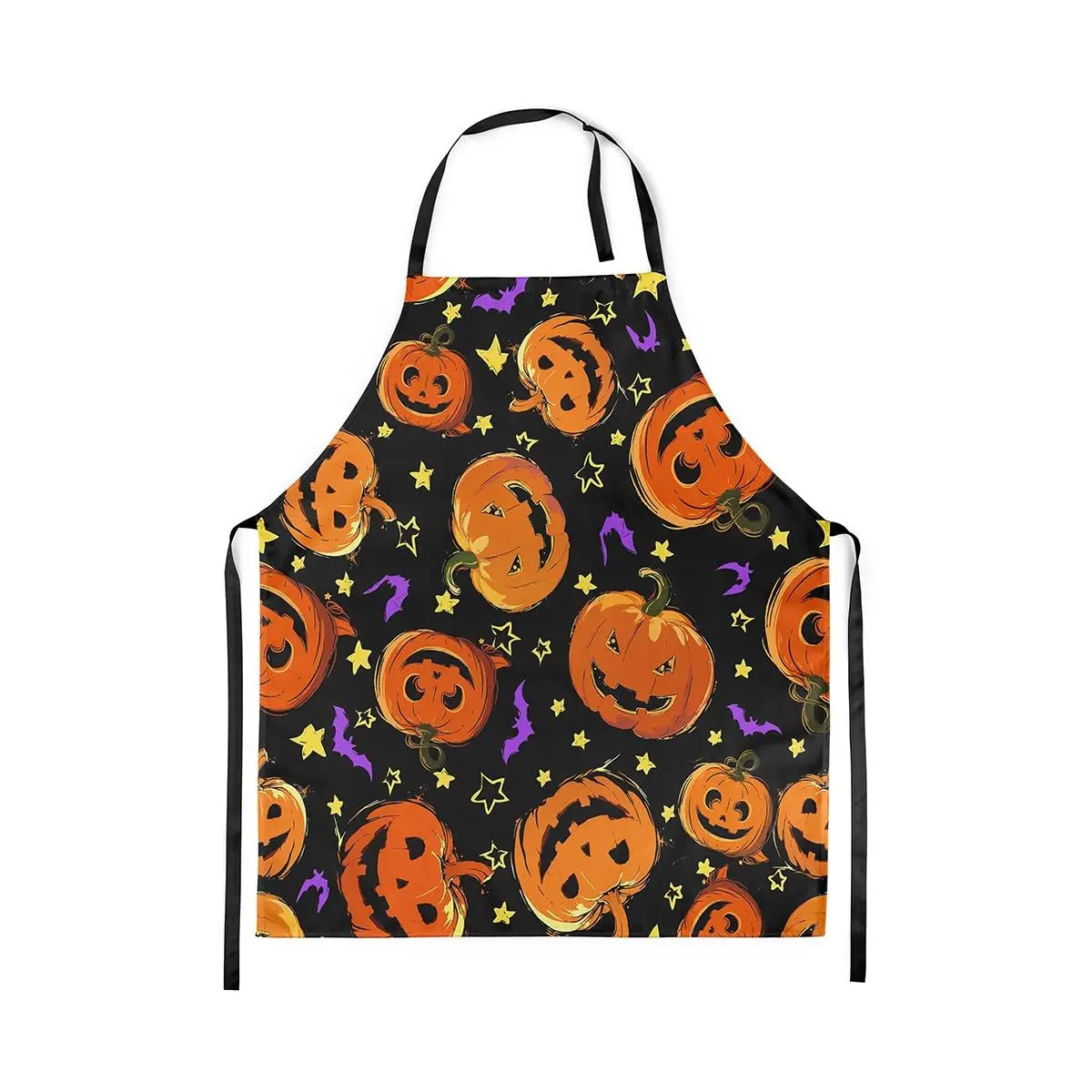 

Halloween Pumpkin Kitchen Apron Cartoon Purple Bat Silhouette Apron for Adults Yellow Stars Graffiti Decor Waterproof Apron