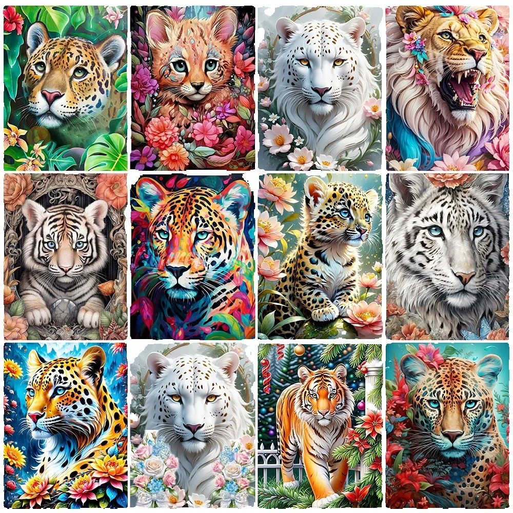 AZQSD 5D Diy Diamond Painting Leopard Tiger Animal Full Round Drill Picture Of Rhinestones Embroidery Wall Decor Needlework