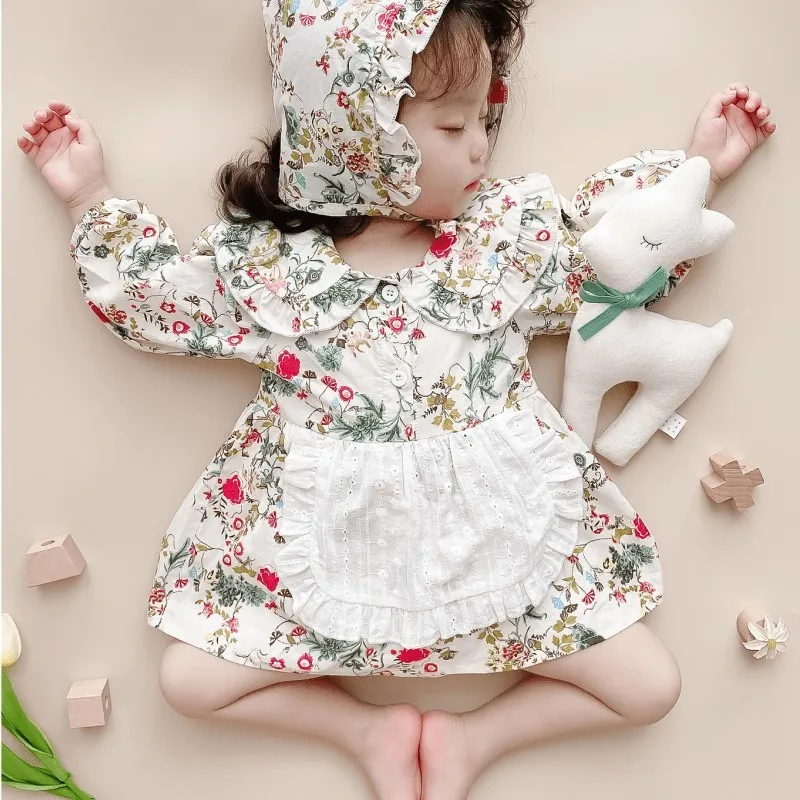 

Newborn Baby Girl Cotton Romper Cap Peter Pan Collar Floral Long Sleeve Spring Autumn Infant Child Toddler Baby Clothes 0-2Y