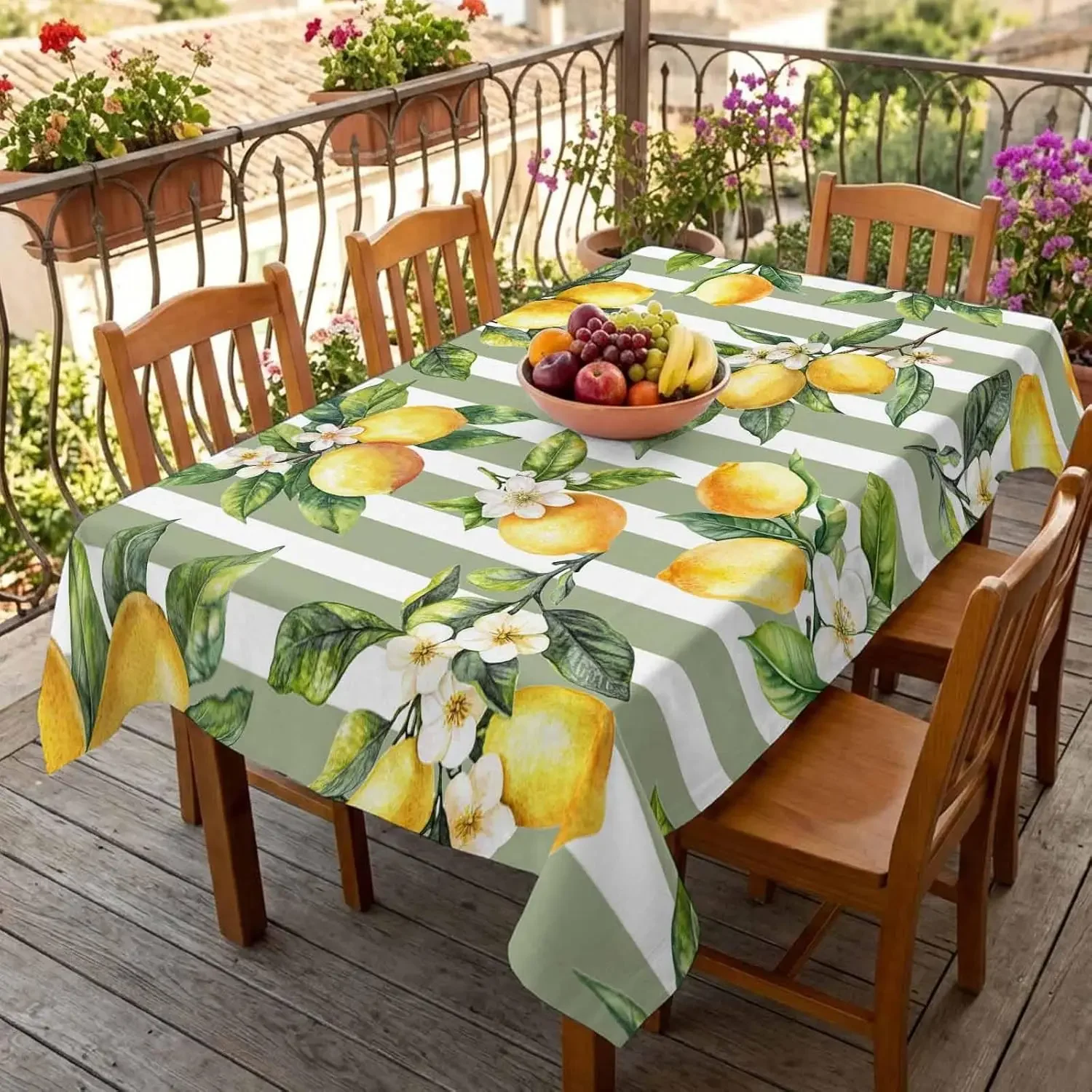 1Pc Lemon Floral Striped Tablecloth Green Yellow Fruit Print Table Cover For Kitchen Dining Room Decor Dustproof Rectangular