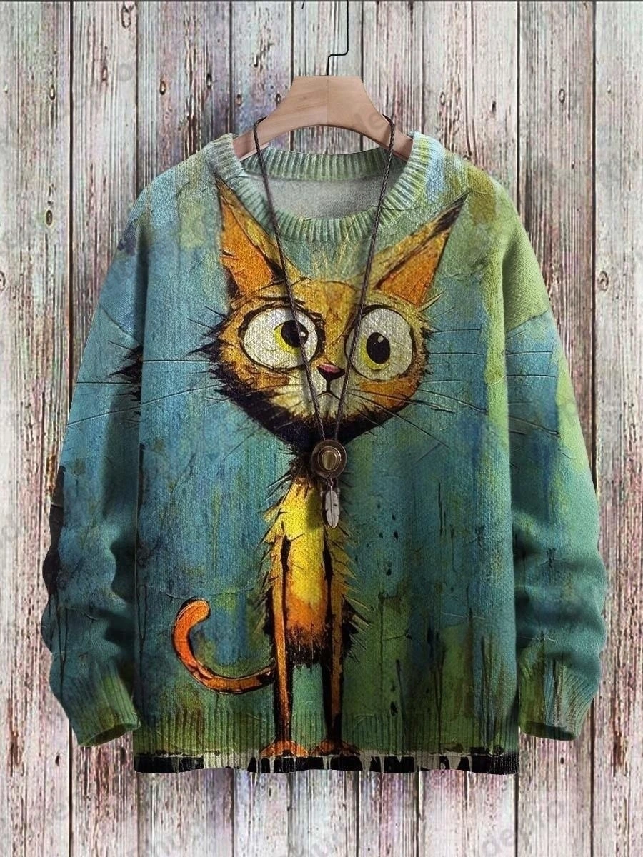 PLstar Cosmos Vintage Cute Cat Art Pattern 3D Printed Men's Knitted Pullover Winter Unisex Casual Knit Pullover Sweater