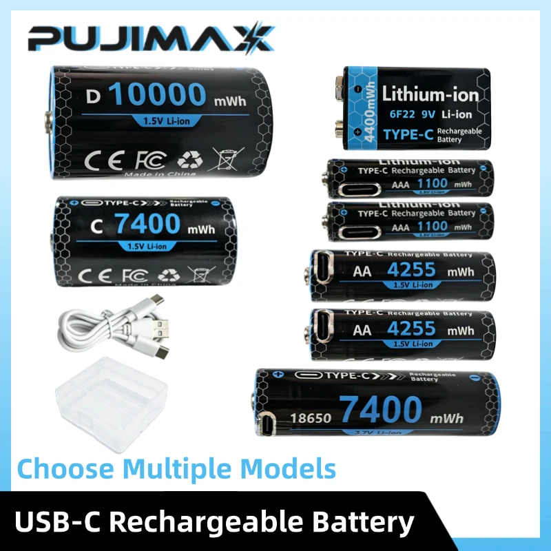 PUJIMAX Rechargeable Lithium Battery 1.5V/3.7V/9V D/C/AA/AAA/18650/6F22 USB-C Type-C Charging for Flashlight Toy Remote Control