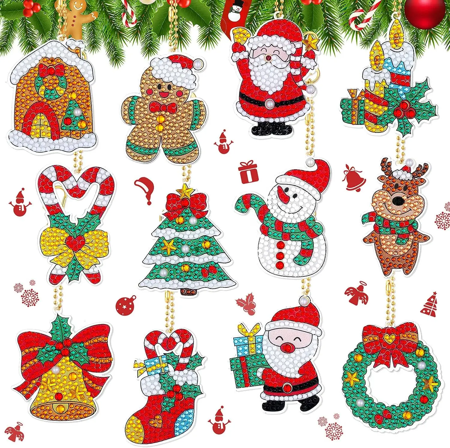 12pcs/set DIY Diamond Painting Christmas Keychains One Sided Crystal Rhinestones Snowman Diamond Art Christmas Tree Ornaments