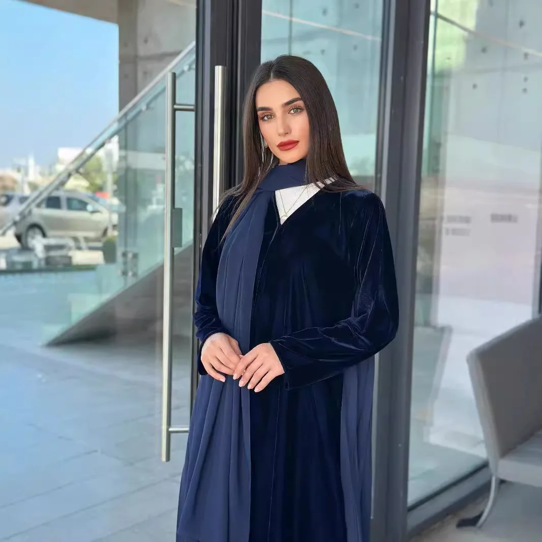 Eid Djellaba Velvet Jalabiya Dubai Open Kimono Pleated Abayas Women Muslim Scarf Dress Coat Kaftan Islam Clothing Kebaya Robe