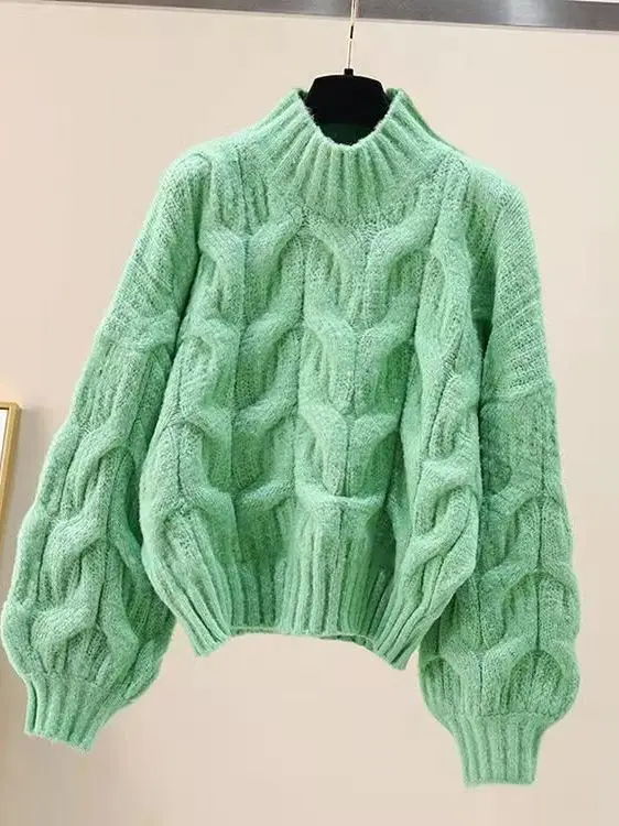 Suéter de Punto ueso Blanco para Mujer, Manga Farol, Estilo Hoado, Otoño Invierno, Nuevo Suéter Coreano Hoado con Cuell...