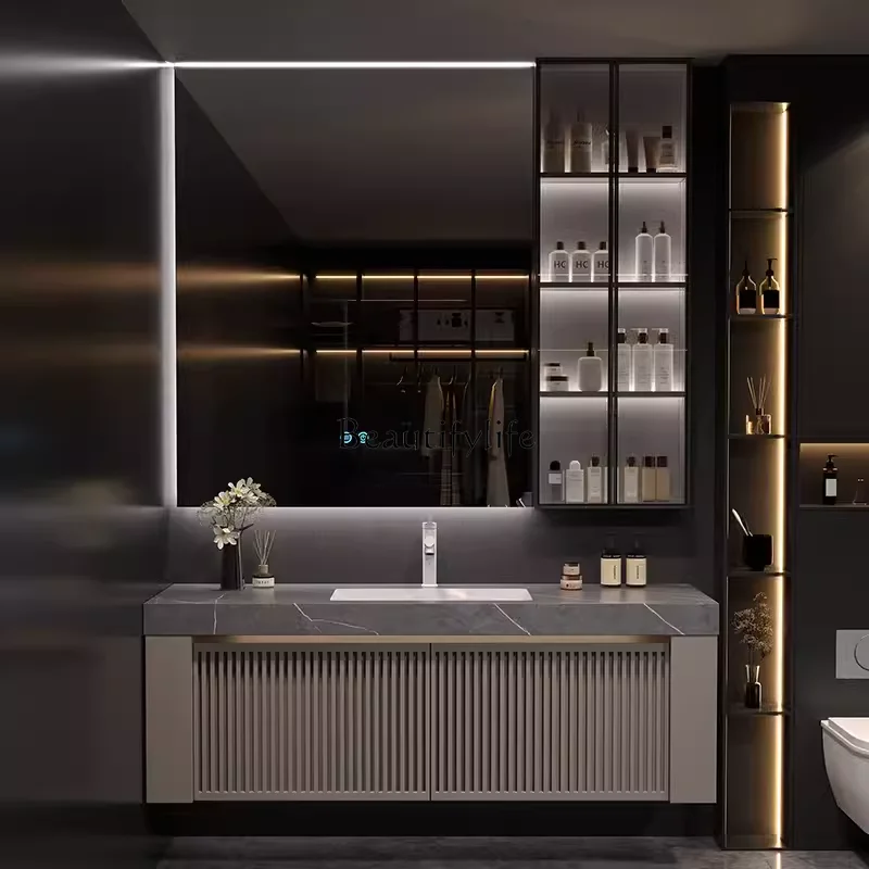 

Modern hotel wind bathroom cabinet combined toilet wash basin cabinet washstand rock slab seamless integrated basin