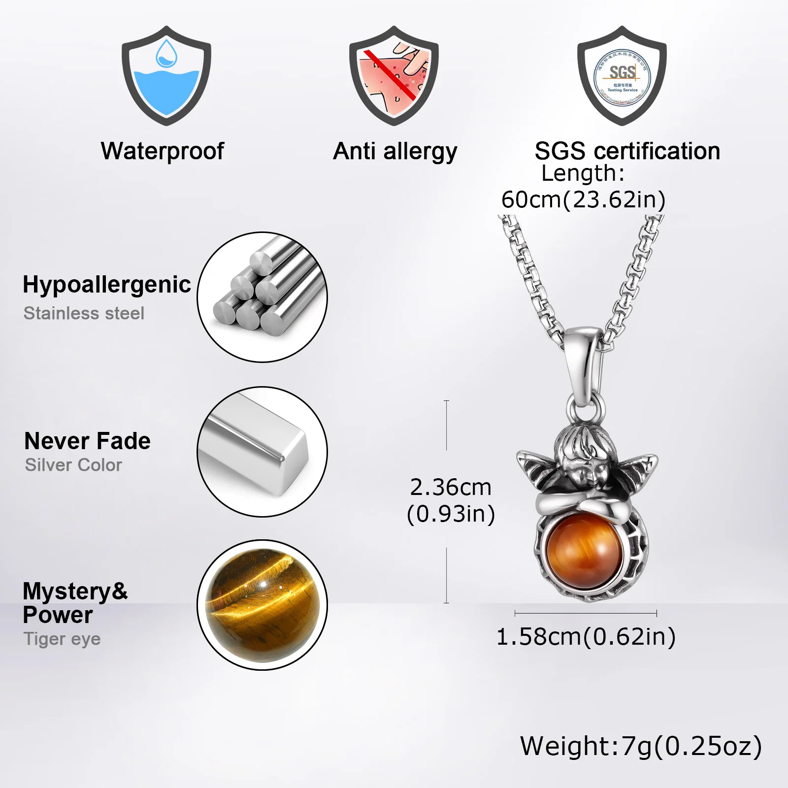 Halskette mit kleinem Engel-Anhänger für Männer und Jungen, Halskette mit rundem Naturstein-Anhänger aus Edelstahl, trendiger, lässiger Schmuck – Detail 6