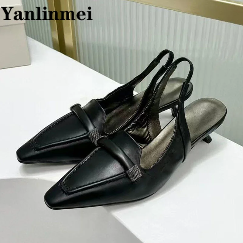 Sexy Kitten Heels Women Pumps Genuine Leatehr String Bead Summer Shoes Woman Small Square Toe High Heels Shoes Woman