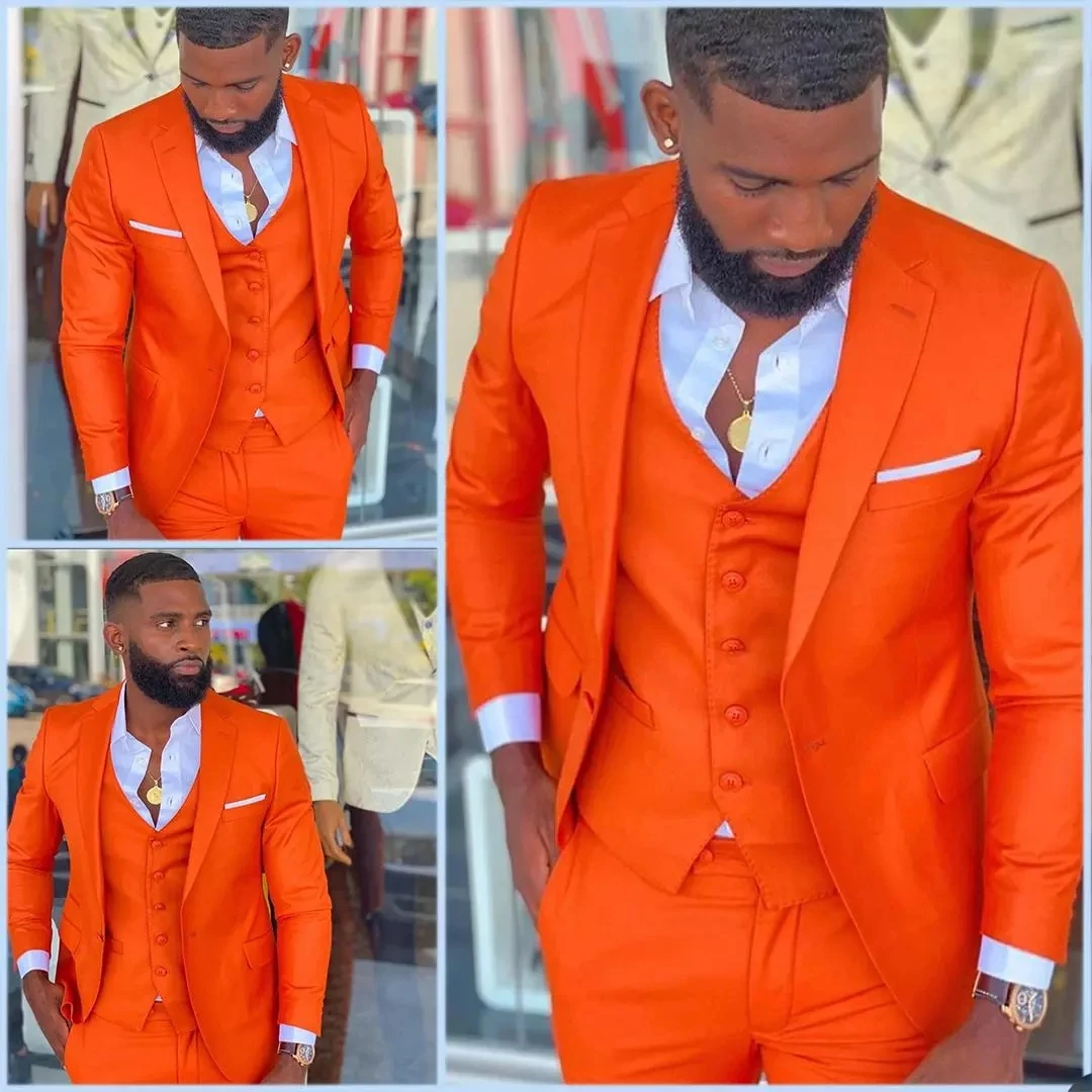 Latest Design Bright Orange Men Suits Peak Lapel Costume Homme Tuxedo Prom Wedding Groom Blazer Terno Masculino Slim Fit 3 Pcs