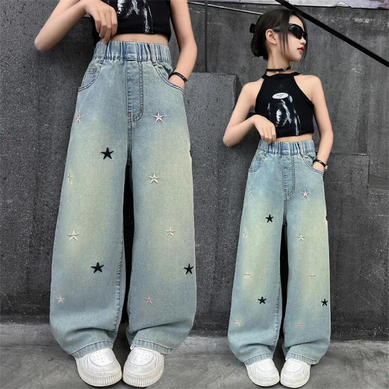 Girls' pants Summer thin 5-12 years old 15 years old medium children casual loose style little girls denim wide-leg pants