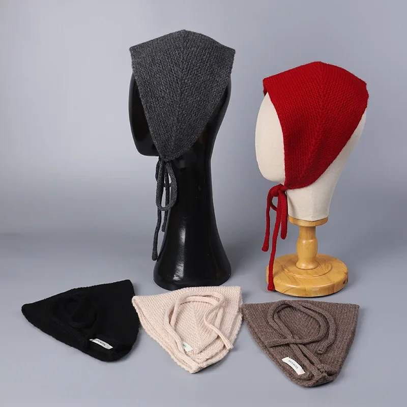 2027 Korean 100% Wool Knitted Ear Headband Hat Retro with Lace-up Wool Half Hat Sweet Loli Wool Knitted Hairband