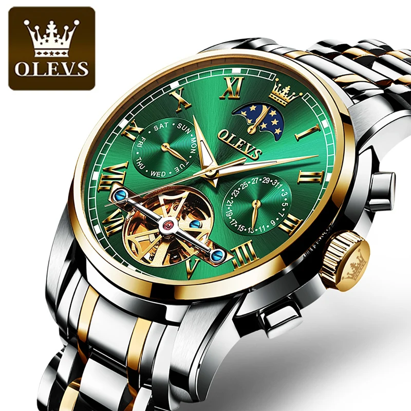 

Olevs Watch For Men Luxury Automatic Skeleton Hight Quality Mechanical Watches Waterproof Moon Phase Wristwatch Stainless Steel