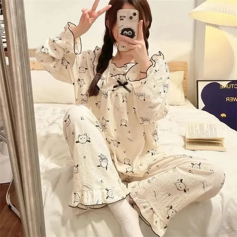 Set Piyama Wanita Kuromi Kawaii Kartun Pelajar Musim Semi dan Musim Gugur Santai Lengan Panjang Celana Panjang Longgar Pakaian Rumah Gaya Baru