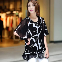 Summer New Thin Printing Loose Blouse Short Sleeve O-neck Chiffon Irregular Vintage Shirt Tops Fashion Elegant Women Clothing