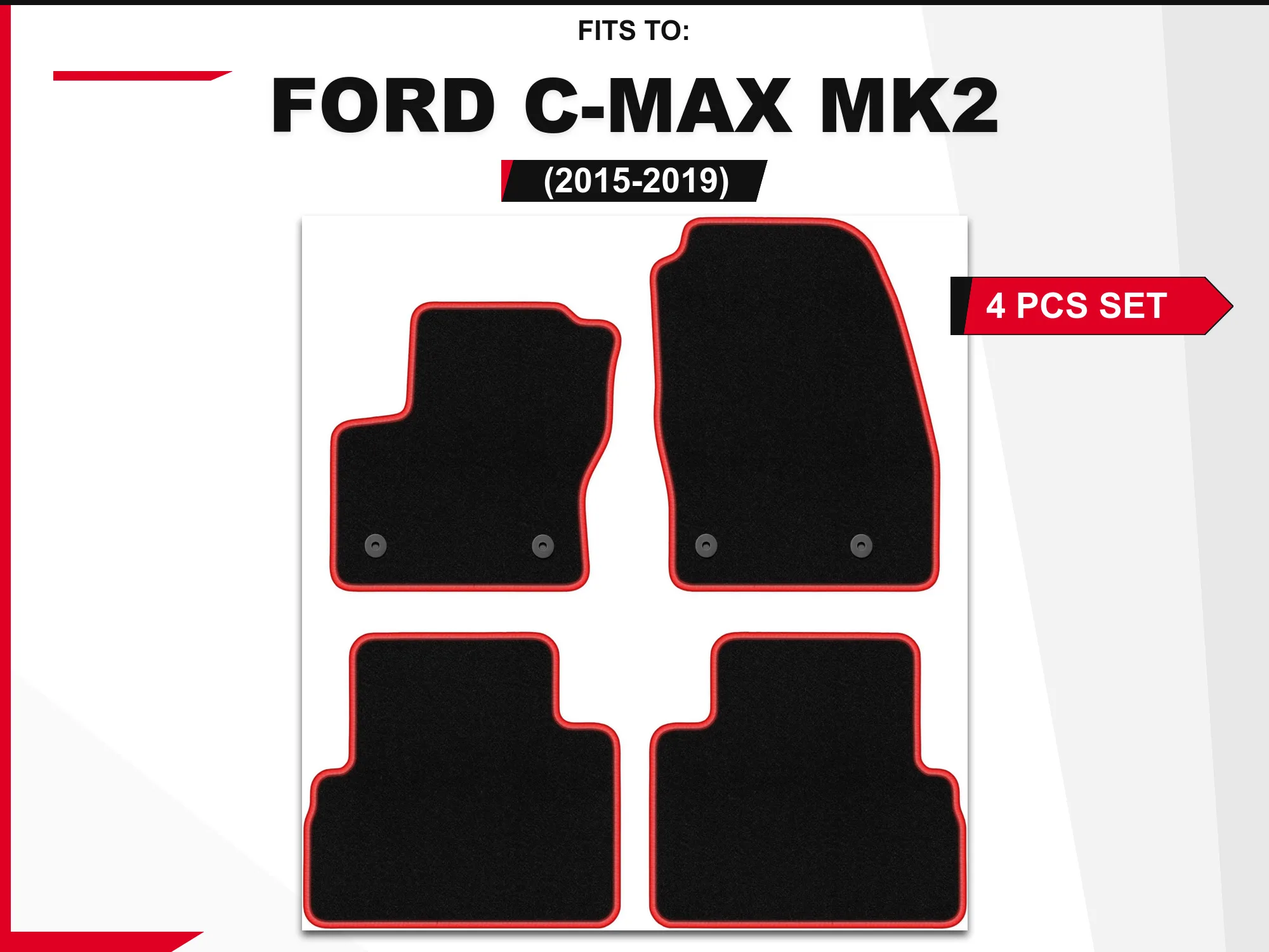 Velour matten voor: Ford C-MAX MK2 2015-2019 minivan zwart en rood bijpassende autovloerbedekkingset