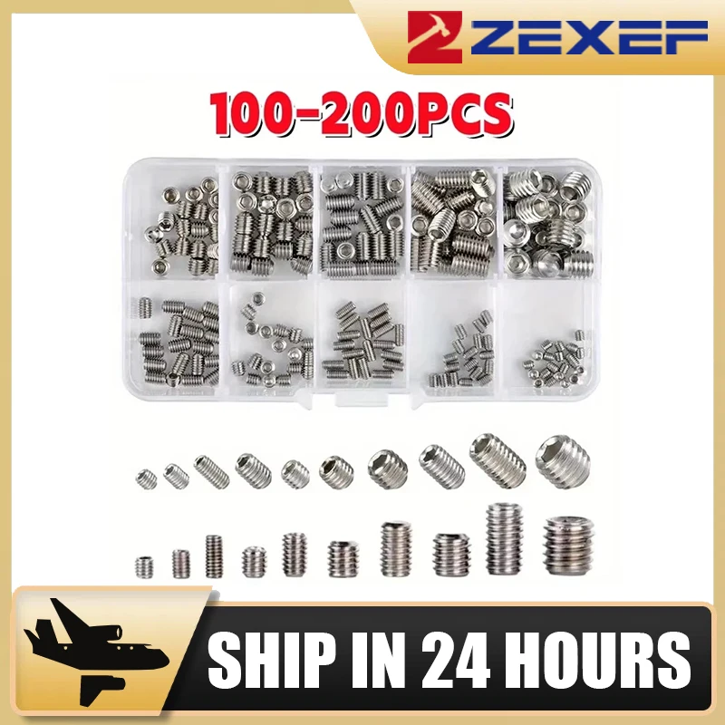 100/200PCS M3 M4 M5 M6 M8 304 Stainless Steel Black Hex Hexagon Socket Allen Flat Point Grub Bolt Set Screw Kit Box