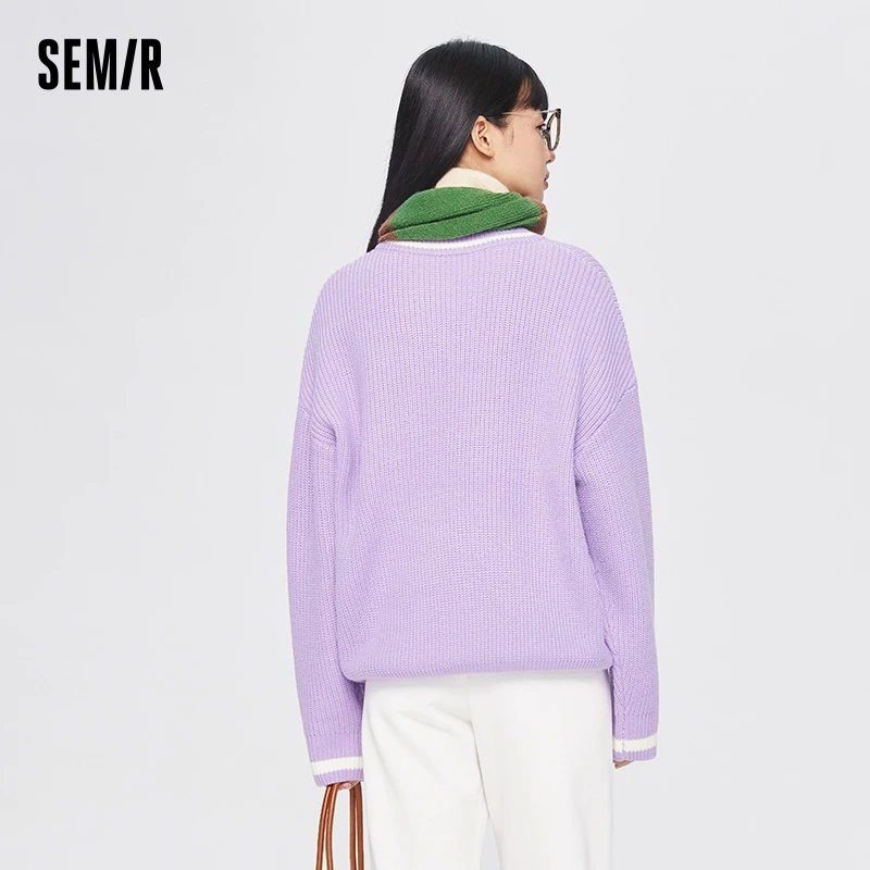 Semir Embroidered Round Neck Sweater Women Cozy and Cute Style in 2022 Winter New Loose Color-blocking Knit