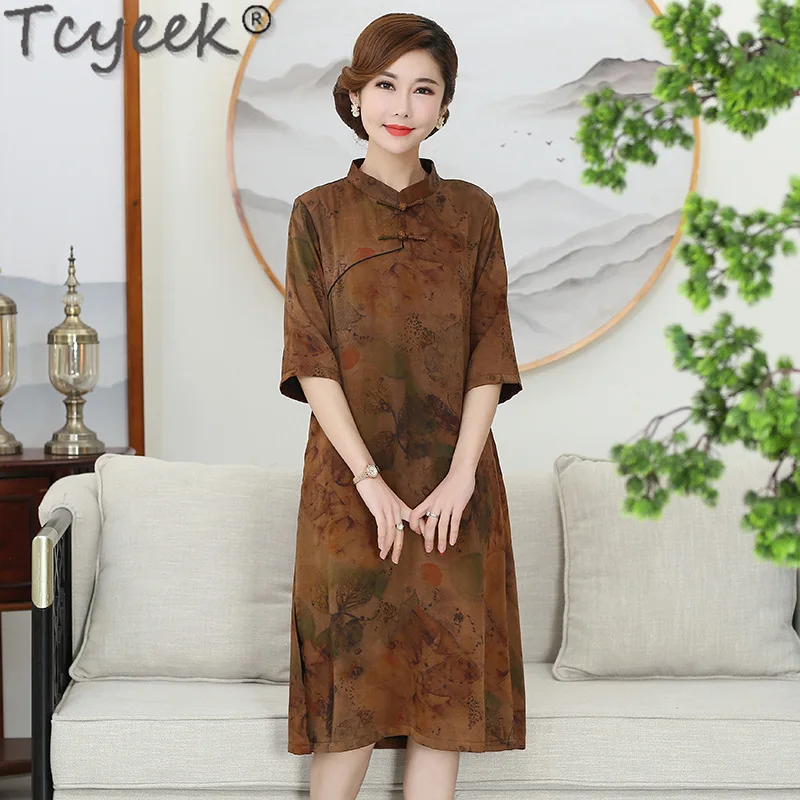 

Tcyeek 100% Real Mulberry Silk Womens Dresses Spring Summer Midi Dress Elegant Dresses for Women Clothes Loose Fit Vestidos 2024