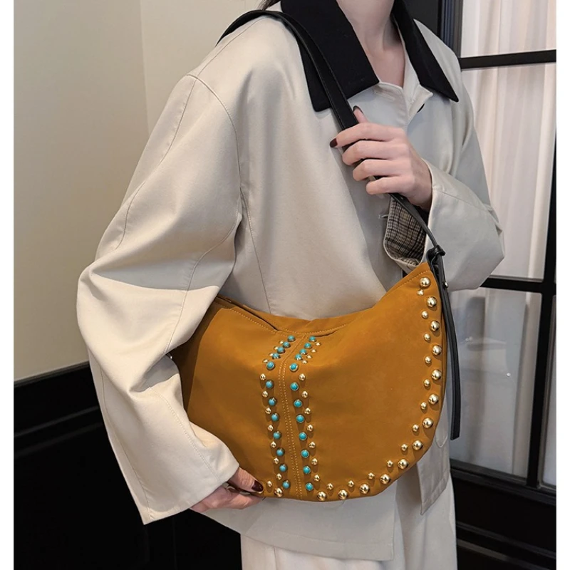 Women Punk Style Shoulder Bag Spicy Girl Street Turquoise Rivet Saddle Purse Contrast Color Suede Handbag with Crossbody Straps