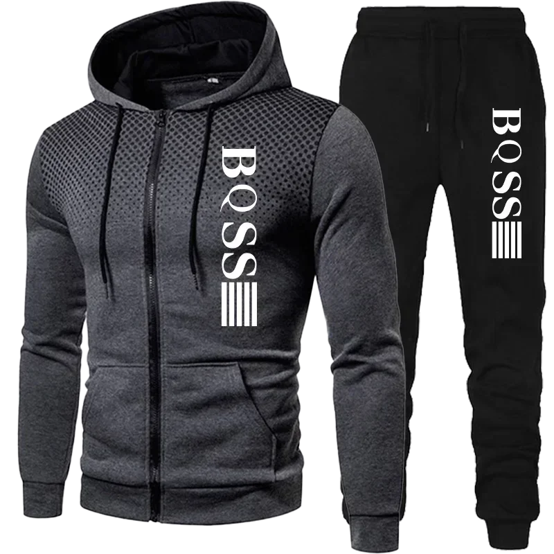 New autumn and winter men's casual blazer set, stylish outdoor jogging hooded zipper hoodie + trousers two-piece set