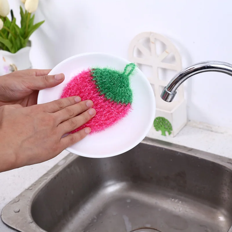 Strawberry Shaped Dishcloth Suspended Bowl Towels Scrubber Non-scratch Kitchen Pot Pan Cleaning Sponge Bowl Pan Washing Cloth