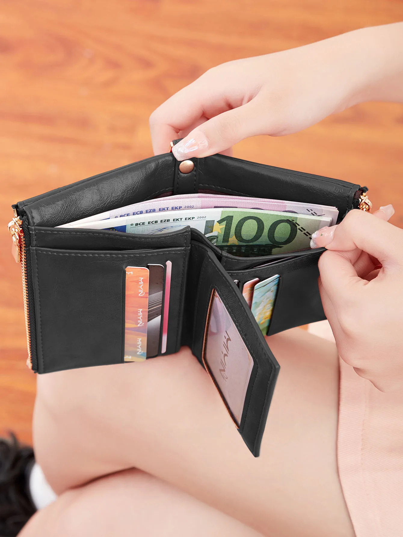 Classic and fashionable women\'s double zipper short wallet with detachable small card clip multifunctional three fold wallet