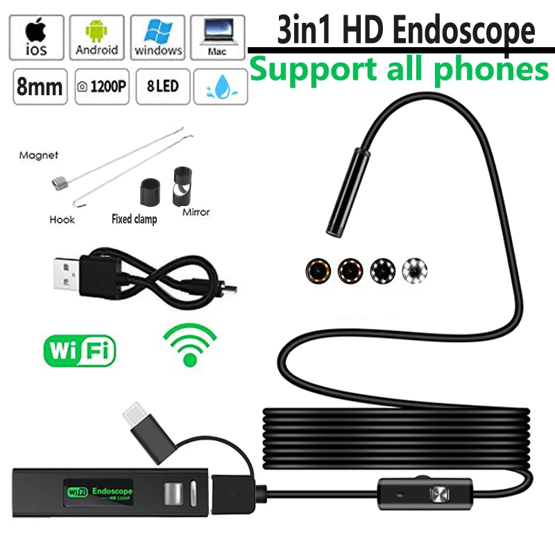 1200P bezprzewodowa kamera WIFI endoskop USB boroskop dla Iphone Android IOS endoskop Mini wodoodporna kamera 8MM 2M 5M 10M twarde