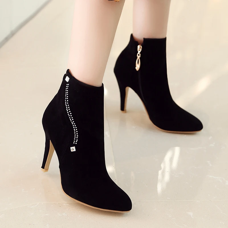 2023 new autumn winter Women ankle boots plus size 22-29CM flock upper side zip modern boots high heel rhinestone short boots