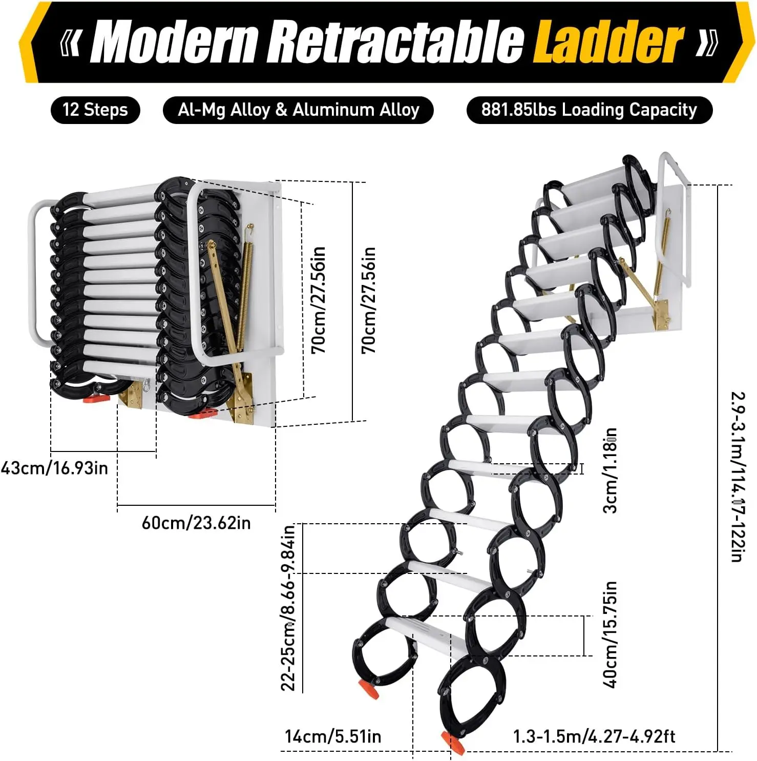 سلم عطري مثبت على الحائط بطول 12 قدمًا، سلالم علية من الألومنيوم قابلة للطي للعلائق والكراجات والأسطح والأسقف (أبيض/أسود)