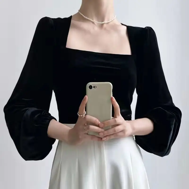 Chic Black Flannel Blouses Women Vintage Lantern Puff Sleeve Velvet Shirts Female French Style Square Collar Casual Tops