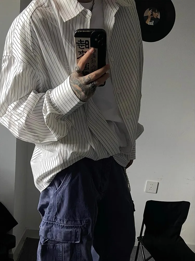 

American Retro Striped Long Sleeve Shirt for Men Cleanfit Outerwear Casual Loose Fit Youthful Style Autumn Fashion Shirt