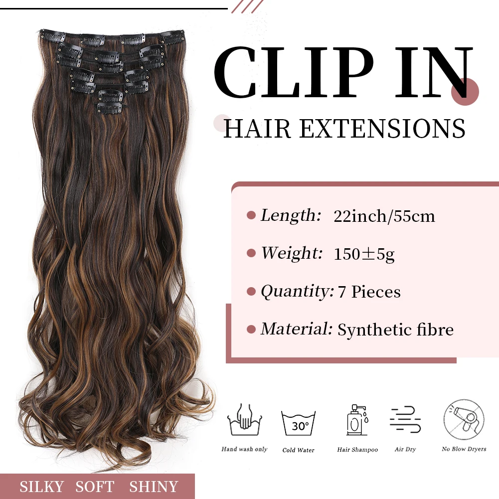 Clip in Hair Extensions 7 PCS 22 Inch Hair Extensions Clip Ins Blond Brown Long Wavy Hairpieces Clip In Synthetic Wavy Hair