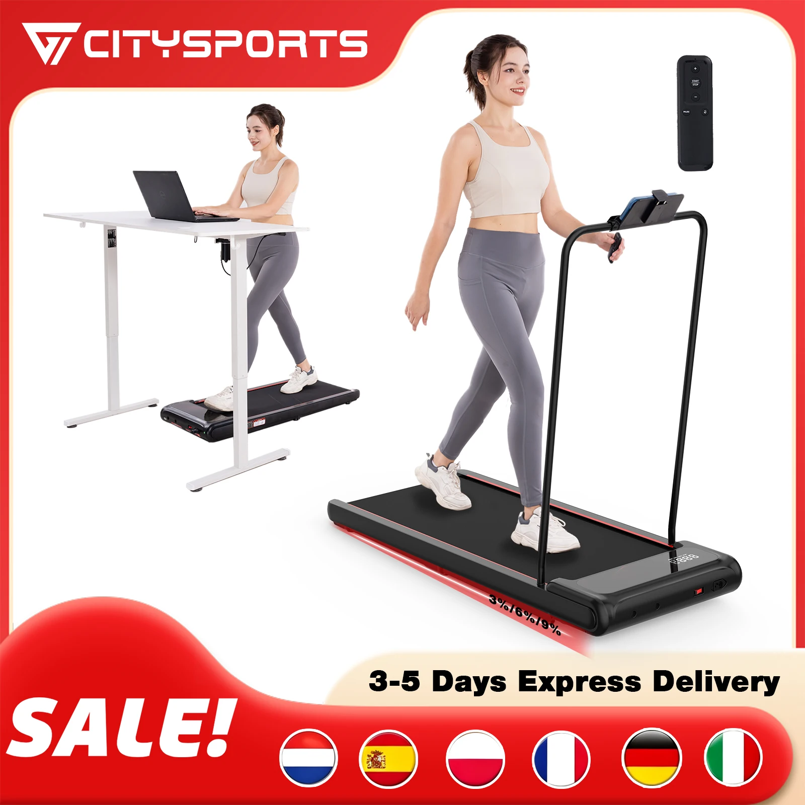 CITYSPORTS PRO Tapis de Marche, Tapis de Course, tapis roulant portable, 3 niveaux d'inclinaison (2,7 %/6,15 %/9,35 %), 6 km/h ​ 100 kg, Télécommande, Accoudoirs amovibles, Antidérapant, Absorption d