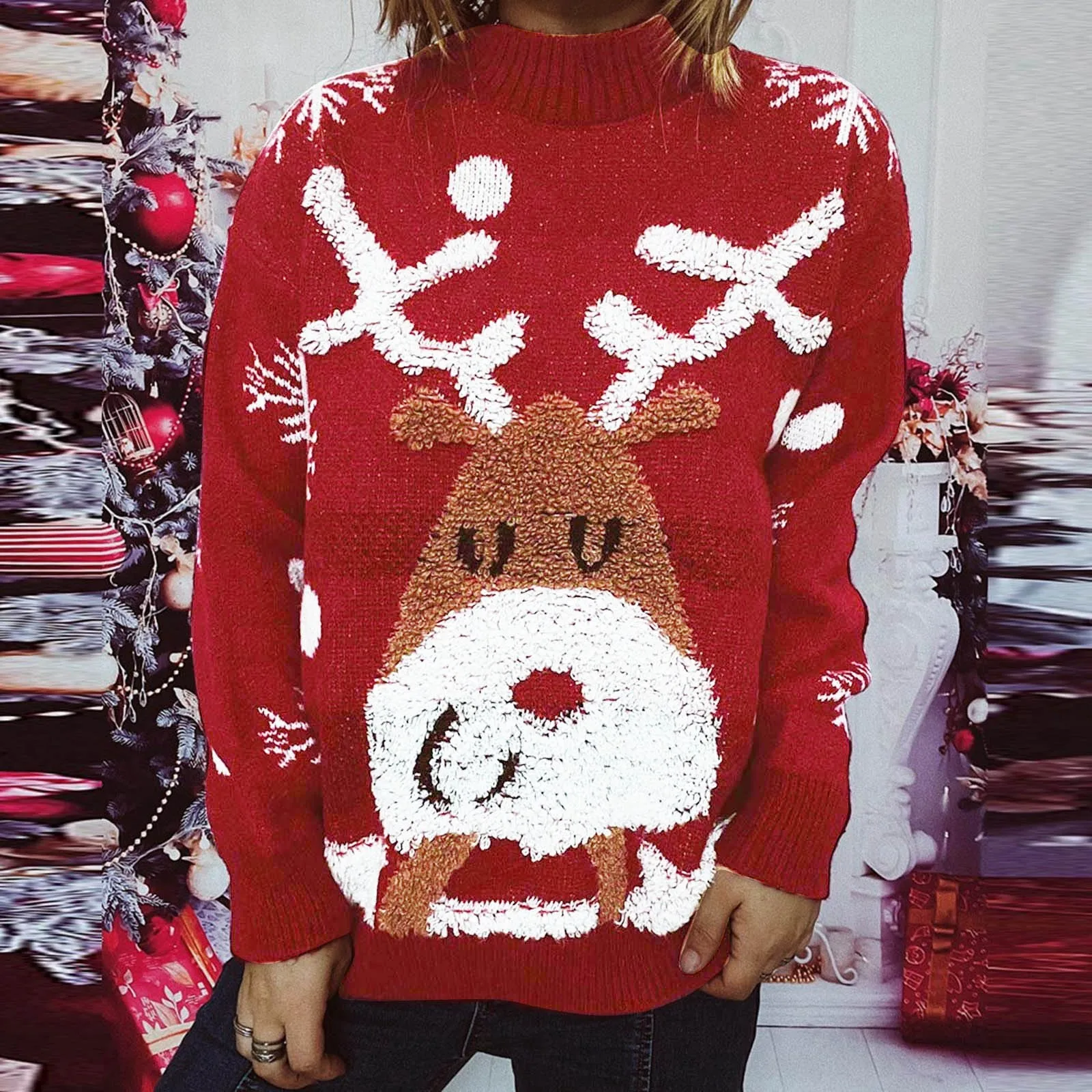 

Reindeer Snowflake Flocked Jacquard Knitting Sweater Women's Christmas Sweaters Crew Neck Long Sleeve Loose Pullover Tops