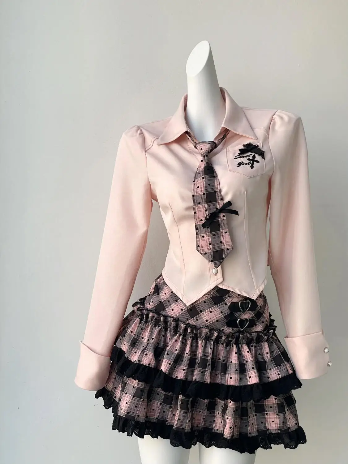 Preppy Style Turndown Collar Single Breasted Long Sleeved Shirt + High Waisted Plaid Mini Skirt 2 Piece Sets Womens Y2k Suits