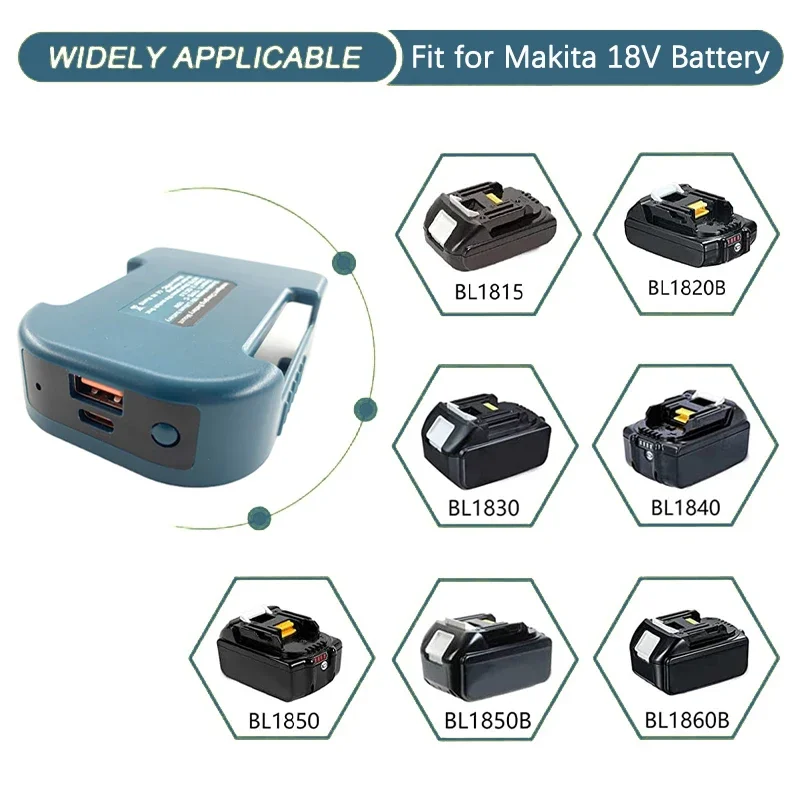 With USB Type-C Ports For Makita 18V 14.4V Battery BL1840 BL1850 BL1860 Charger Adapter Fast Charging For Lomvum Zhipu Hongsong