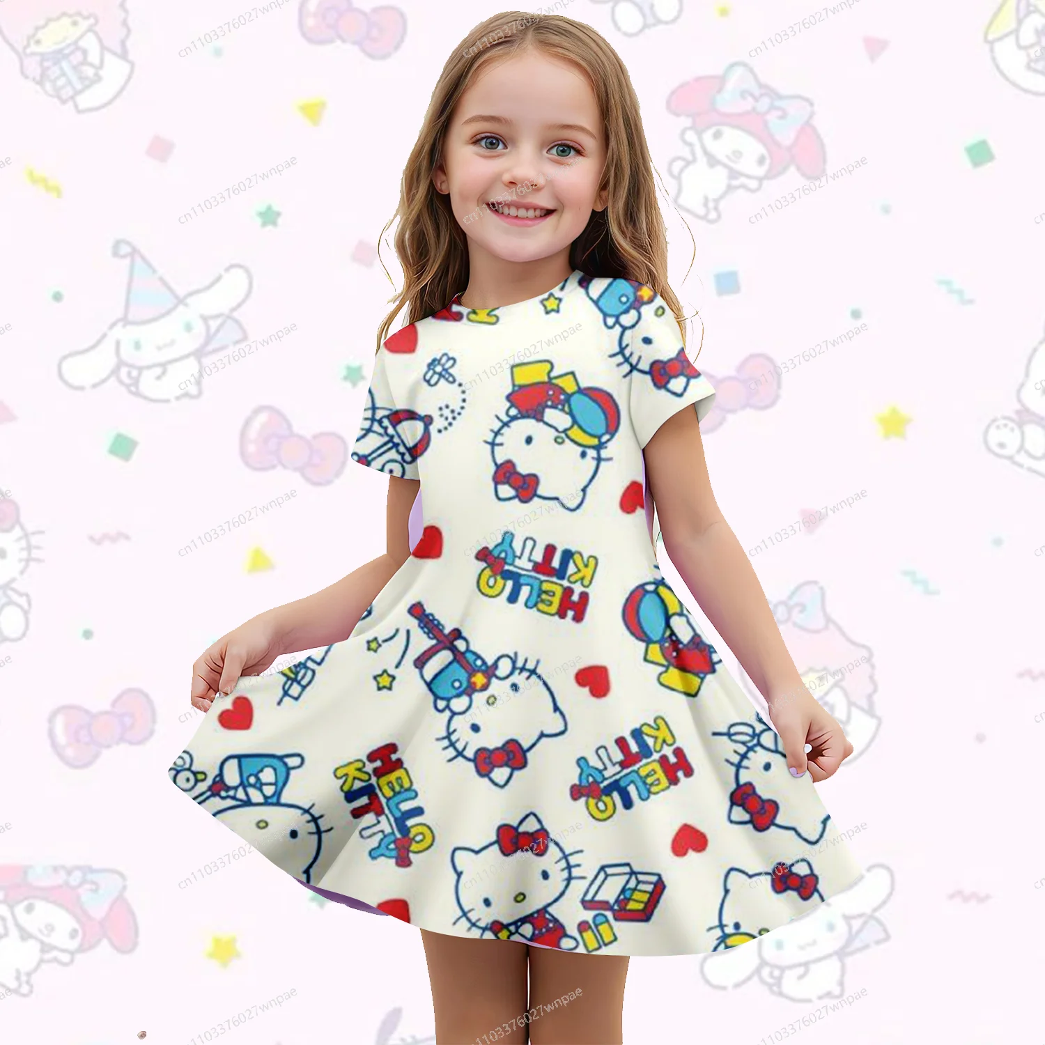 

Глобальное-горячее платье Sanrio Hello Kitty с короткими рукавами с 3D-принтом: быстросохнущее, дышащее, стильное, удобное, повседневное, для взрослых и детей, унисекс