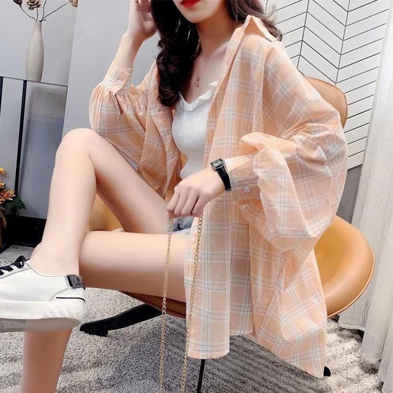 Summer Woman Clothes Chiffon Loose Casual Fashion Bright Plaid Sunscreen Shirt Long Sleeve Korean Style Lively Office Lady Trend