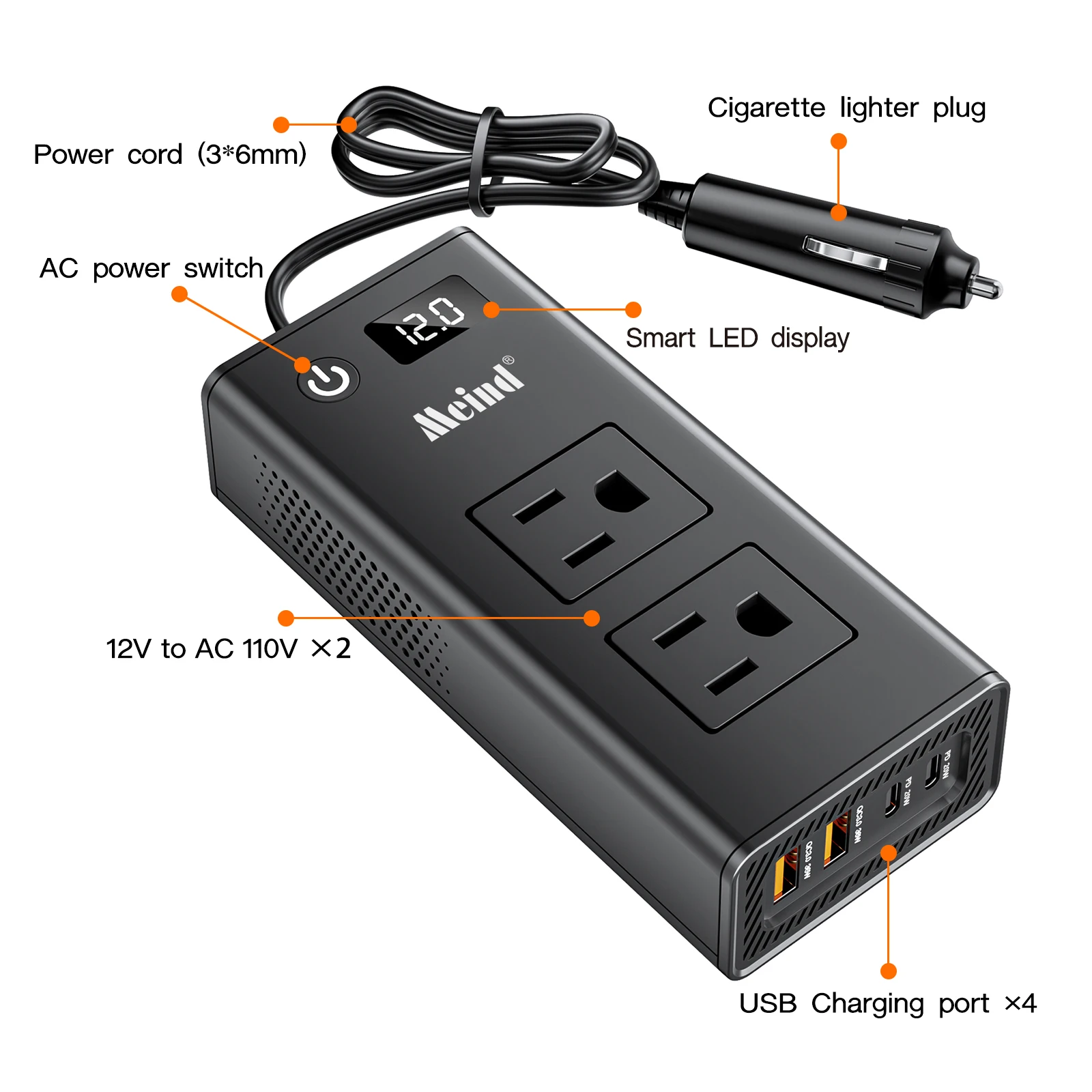 Meind 200W Car Inverter DC 12V to AC 110V Power Inverter with 4 Fast Charging USB Ports (PD20W*2 +QC3.0 36W*2)