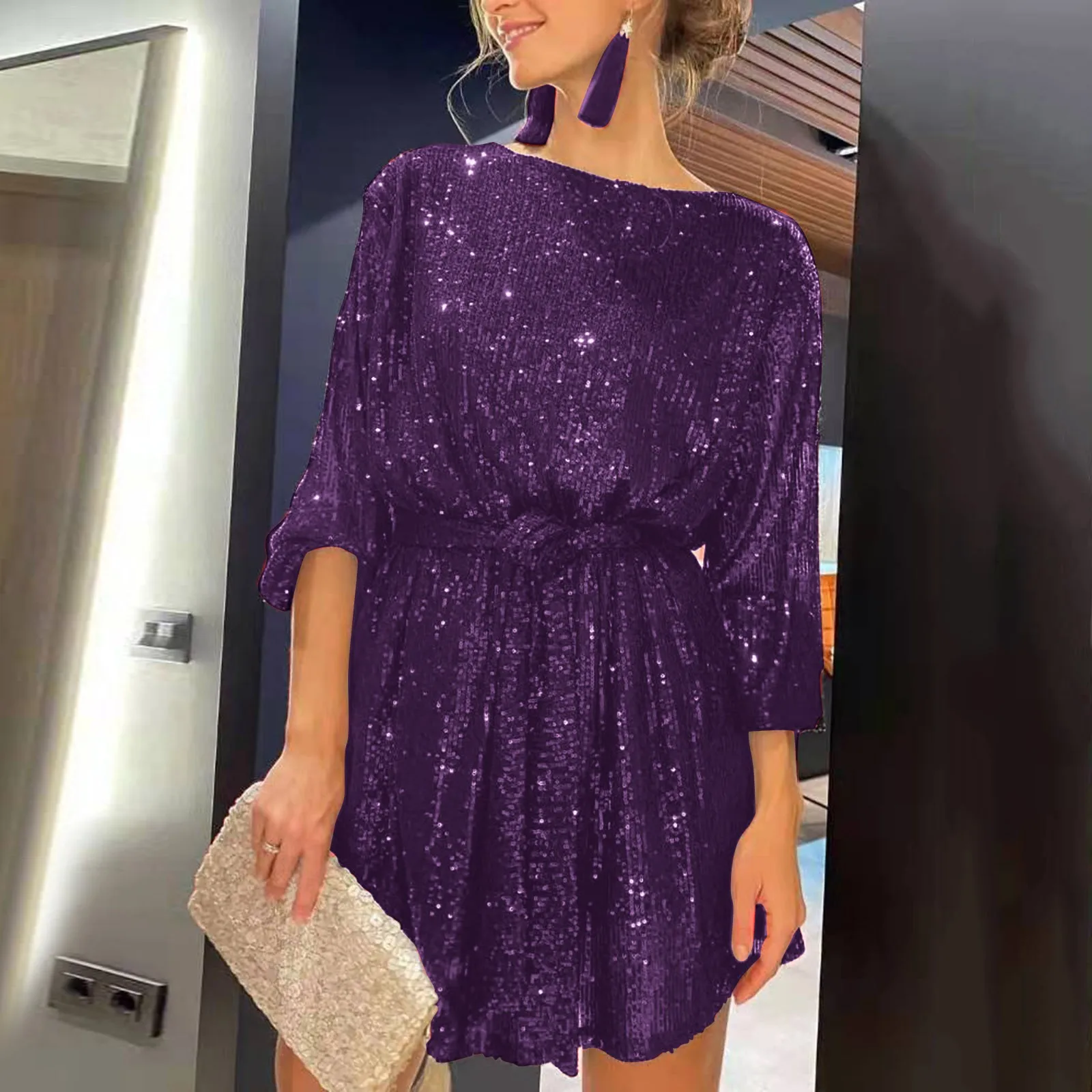 Formal Dresses For Curvy Women Solid Color Glitter Sparkly Sequin Loose Tie Waist Sexy Dresses For Women Homecoming Dress 2024