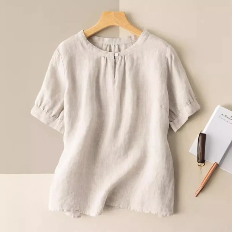 

2024 Summer New Solid Color Women's Pullovers Crew Neck Button Folds Short Sleeve Elegant Vintage Loose Commuter Chiffon Blouse