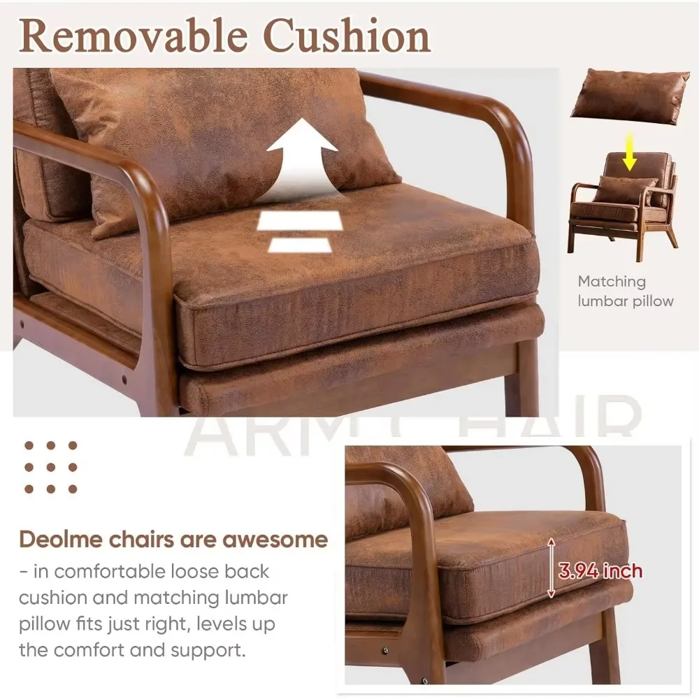 Coffee chair in the living room, comfortable armchair in solid wood with pillows, side chair in microfibre leather