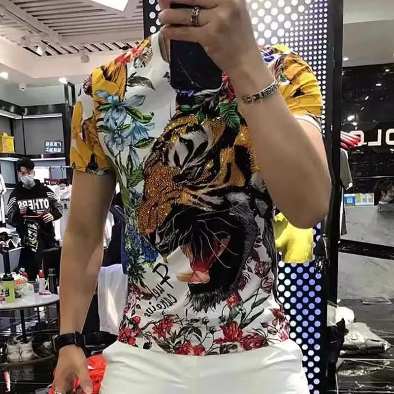 2024 Summer New European Station Tiger Hot Diamond T-Shirt Trend Retro Slim Sports Versatile Short Sleeve T-Shirt