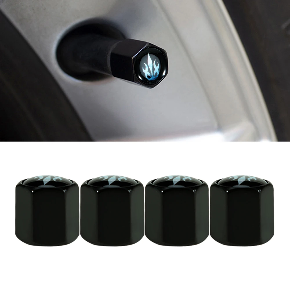 5Pcs/Set Anti-Theft Emblem Auto Wheel Tire Air Leather Buckle Valve Caps with Wrench Zinc Alloy Blue Flame Style Car Accessories